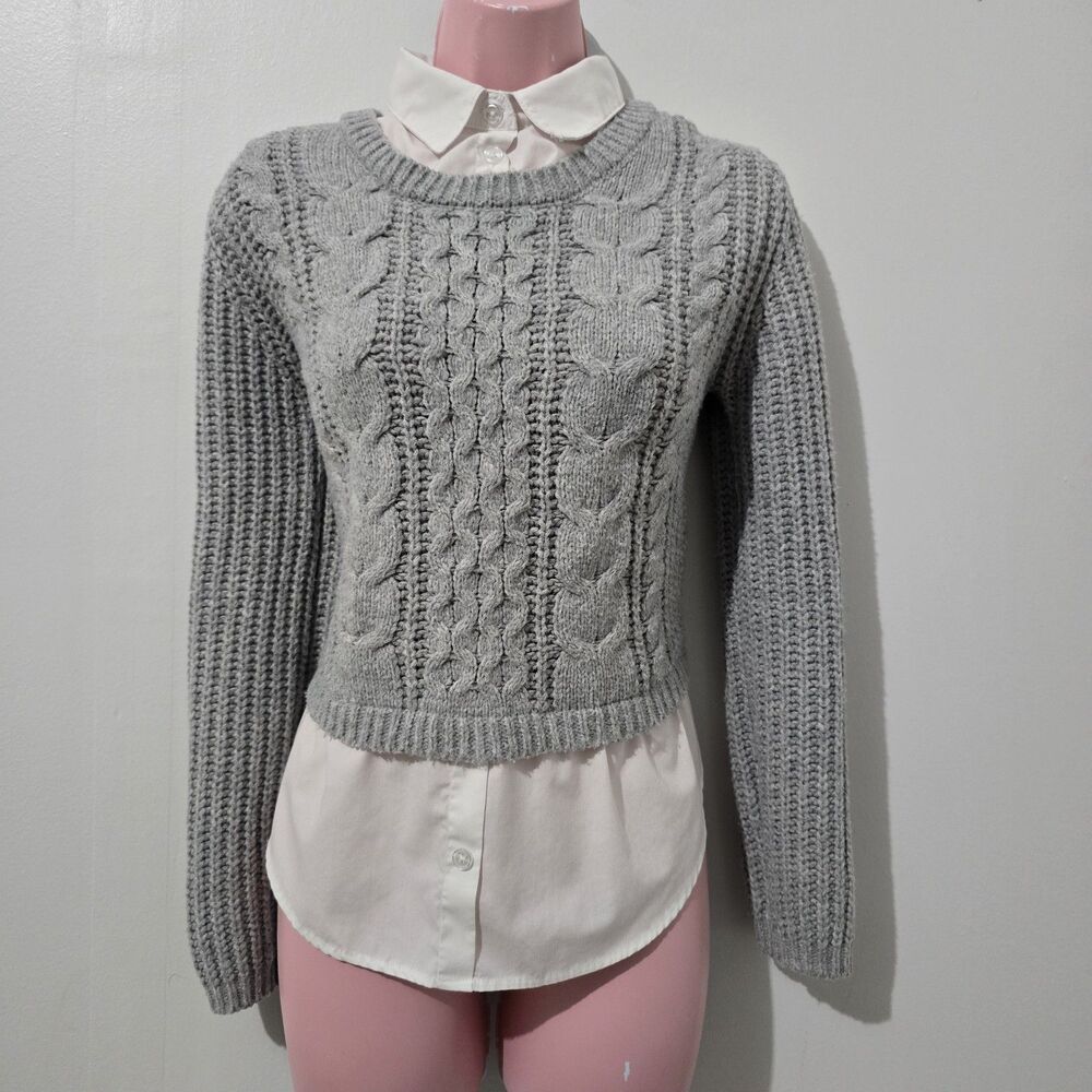 No Boundaries - Shirt - Size S - Knit Sweater Collar Button Layered - Gray White